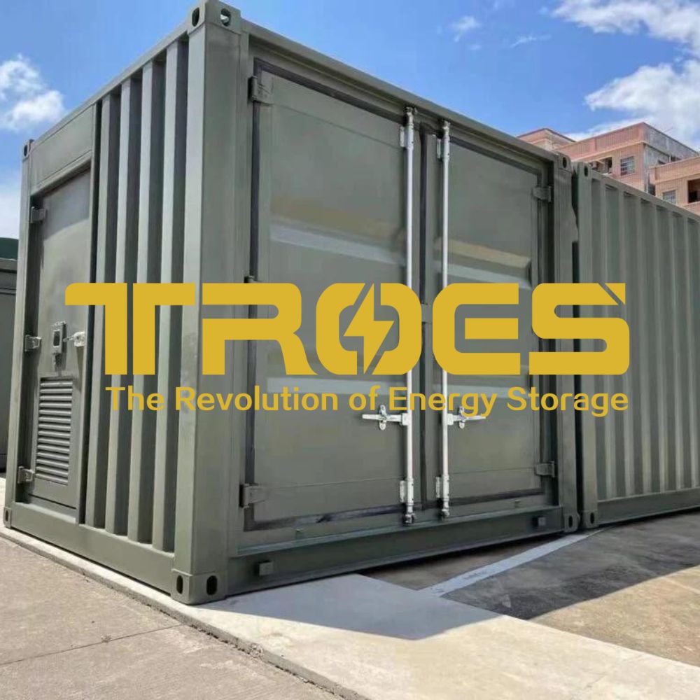 An image of TROES logo with it's product in the background: an energy storage system