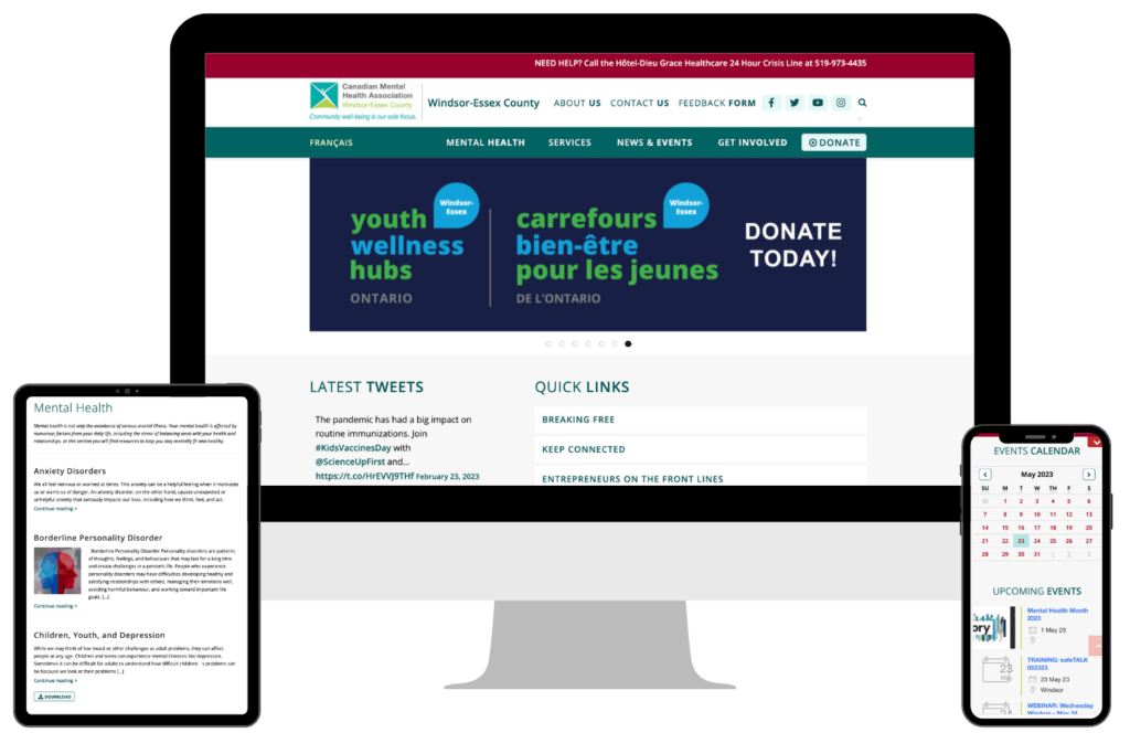 A visual of the CMHA website shown on a desktop, tablet, and phone mockup