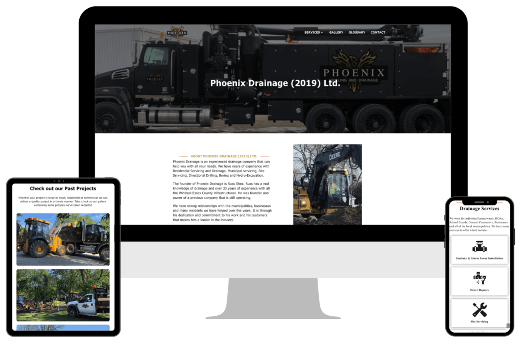 A visual of the phoenix drainage and drilling website shown on a desktop, tablet, and phone mockup